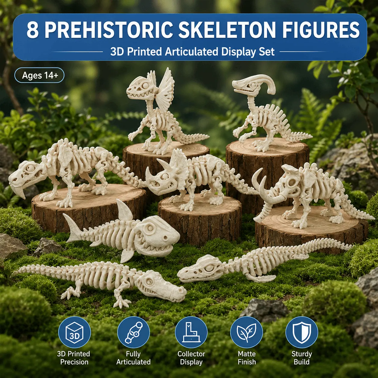 3D Printed Articulated Prehistoric Skeleton Figure, Bone-Like