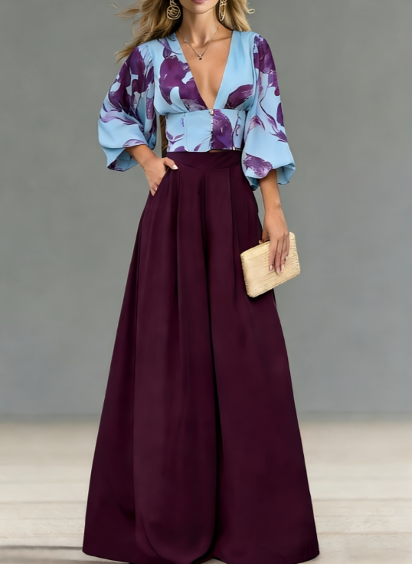 V-neck Puff Sleeve Top Wide-leg Pants Two-piece Set