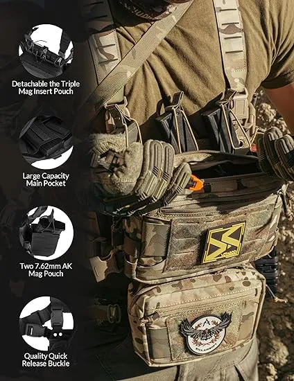 Modular Tactical Chest Rig with Magazine Pouch. High Quality Material Tactical chest rig tactical vest is made of high quality nylon fabric, an heavy duty fabric that resists wear, stress, and tearing, Water repellent fabric ensures minimal water absorpti