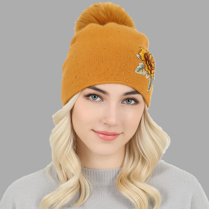 15cm Big Fox Fur Ball Flower Embroidery Knitted Hat