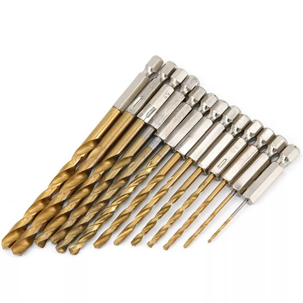 13PC HSS TITANIUM COATED DRILL BIT SET 1&4 HEX SHANK 1.5-6.5mm BITS HIGH SPEED