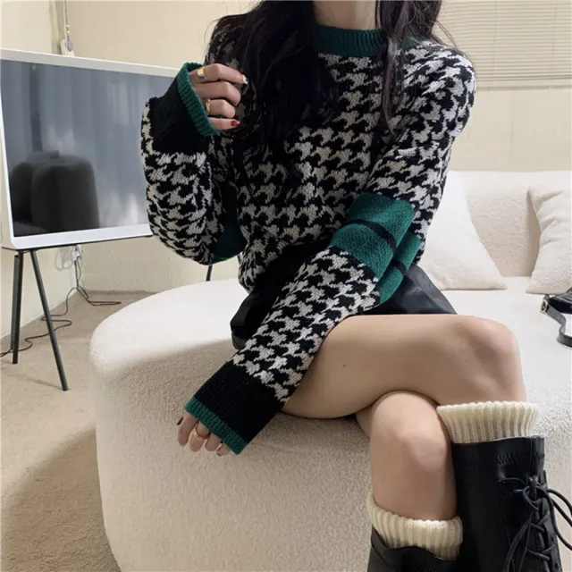 Retro Thousand Bird Check Sweater For Women Loose And Lazy Black - Shop at LoveMi