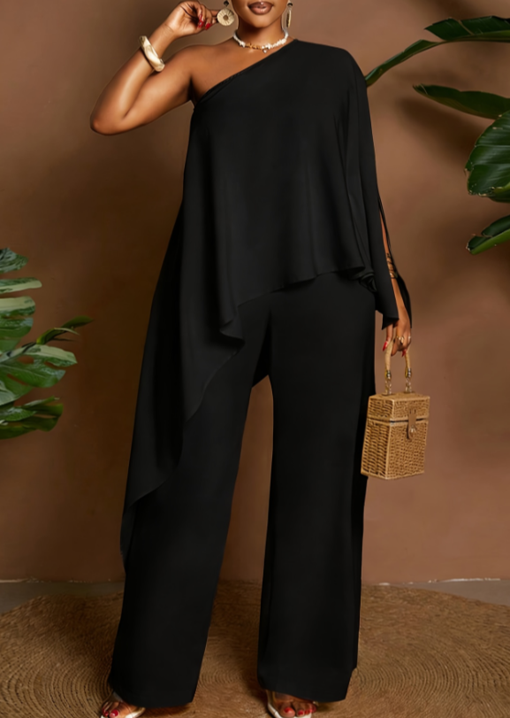 One-shoulder Cape-style Top And Wide-leg Pants Two-piece Set