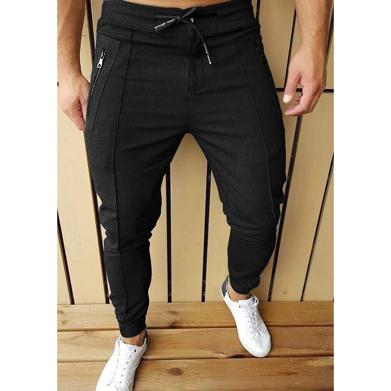 Pure Color Pleated Line Zipper Drawstring Casual Trousers