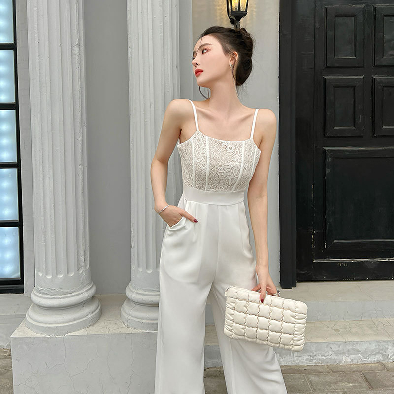 Title 3, White Lace Stitching High-waist Wide Leg Jumpsuits