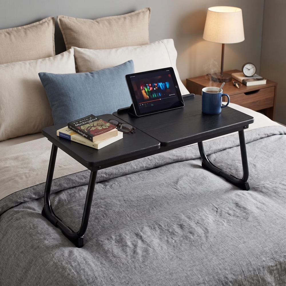 Foldable Desk, Adjustable Desktop Angle, Foldable Legs, Black Wood Grain  Limited To Five Orders Per Address