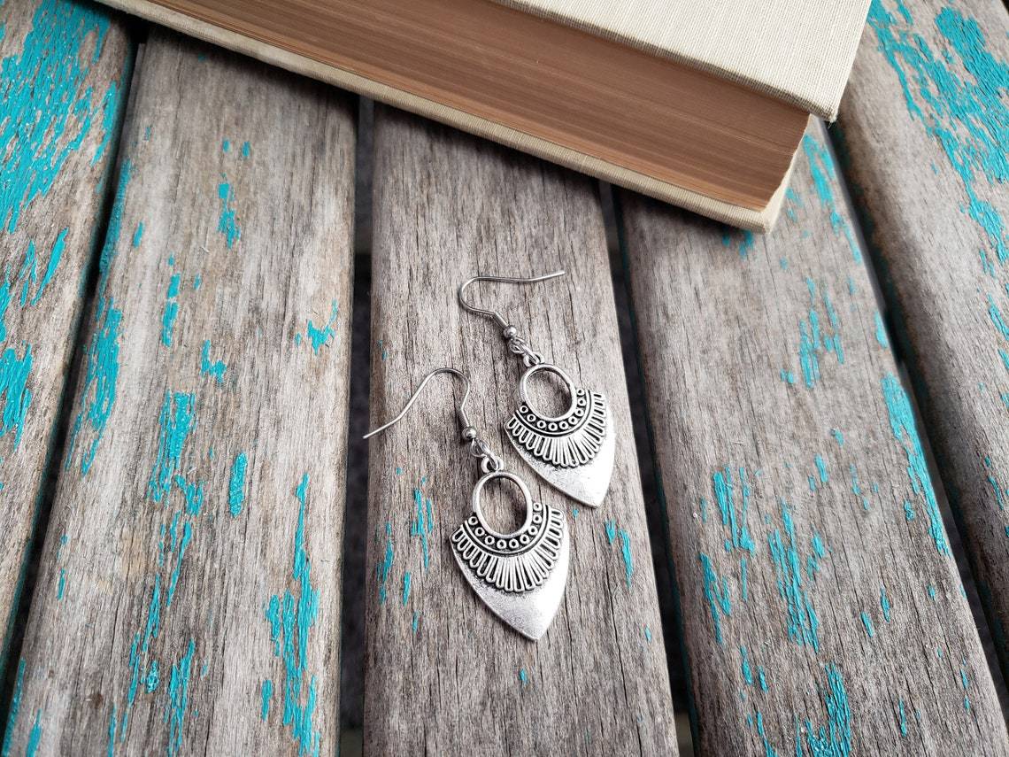 Title 5, Antique Silver Shield Pendant Earrings