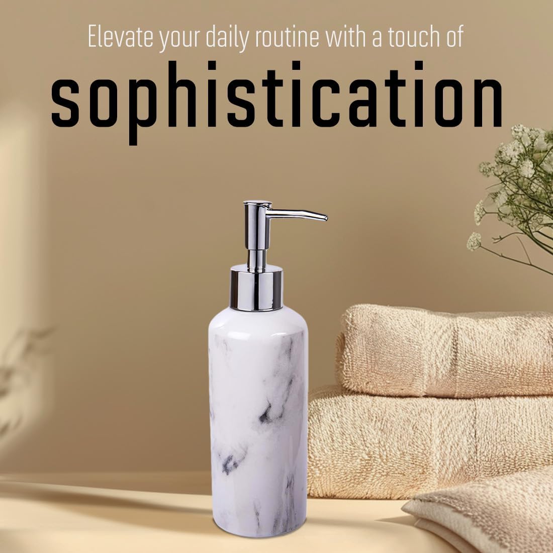 White Ceramic Soap And Lotion Dispenser 2.5x8 Inch, Marble Design Pump Bottle For Bathroom Kitchen Countertop Decor 3