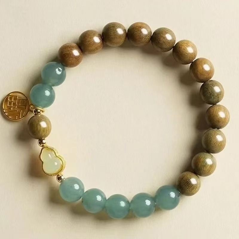 Brățară din lemn de santal verde natural albastru de apă de jad Fu Gourd cu lanț cu margele Unisex Zen Jewelry