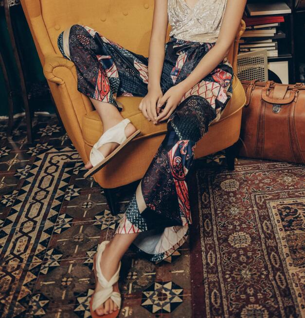 Women's Summer Geometric Colorblock High Waist Bohemian Wide Leg Pants