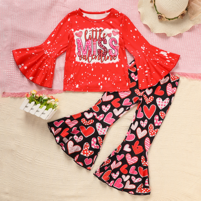 Toddler's Girl's Cute Baby Set, Sweetheart Red Long Sleeve Top With Heart Print Flare Pants For Spring Fall