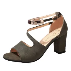 One Word Buckle Fish Mouth Thick Heel Mid-heel Fashion Women's Sandals - Green - View 1