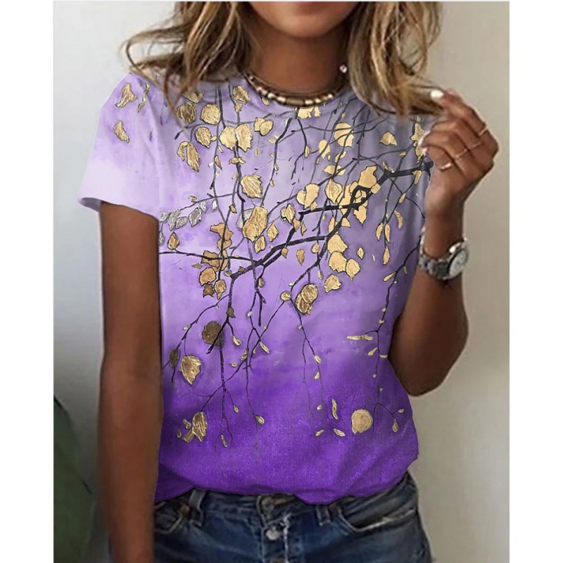 Women's Floral 3D Digital Printing Short Sleeve Top T Shirt Purple - Shop at LoveMi