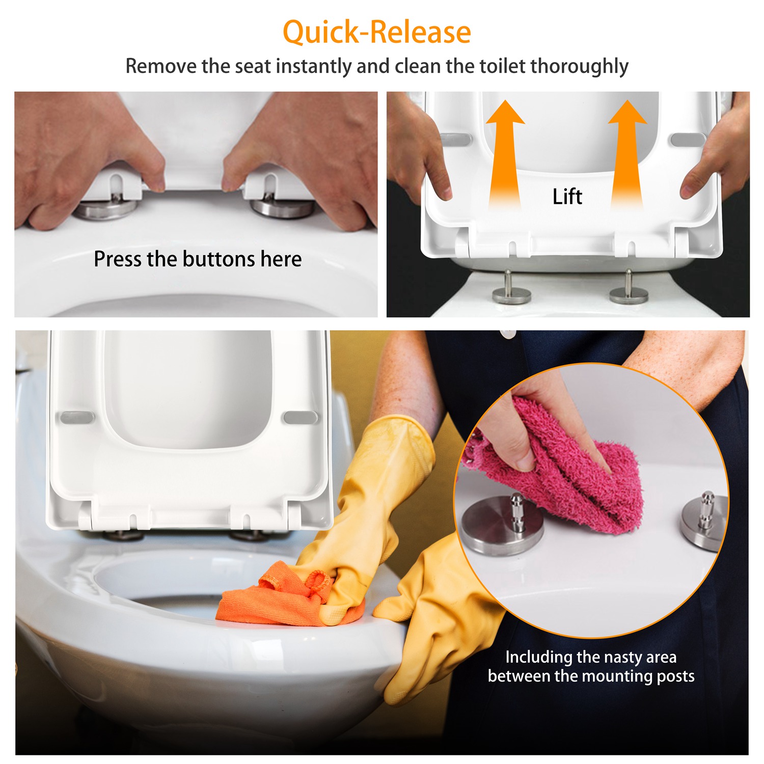 Square Toilet Seat With Grip-Tight Seat Bumpers Heavy-Duty Quiet-Close Quick-Release Easy Cleaning White