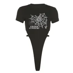 Fashion Printed Round Neck Sexy Bodysuit - Black - View 1