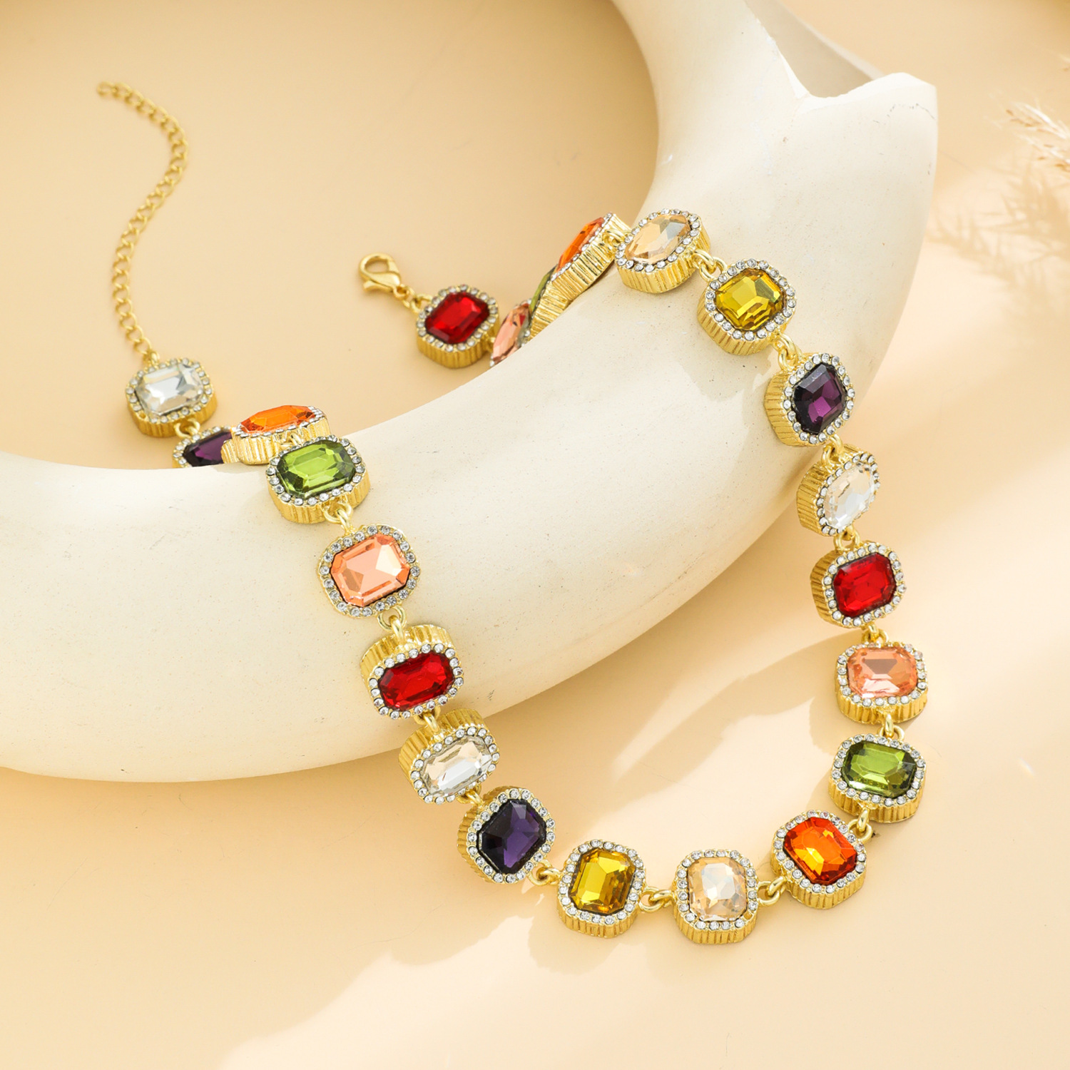 Square Sugar Colorful Full Diamond Necklace For Women  Minimalist High End Light Luxury Clavicle Chain