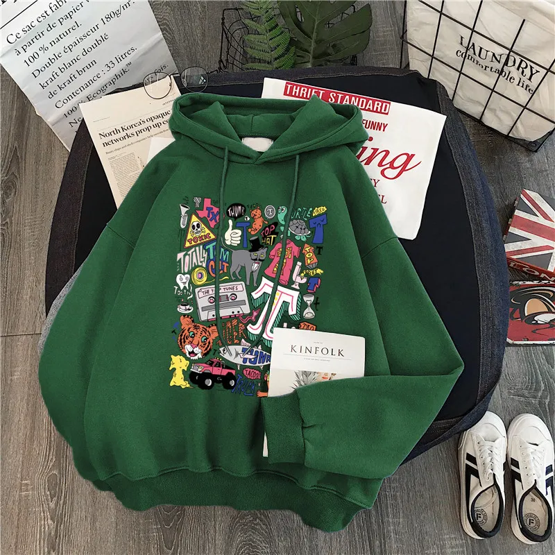Women's Loose Cartoon Letter Hooded Plus Fleece Sweater - Dark Green