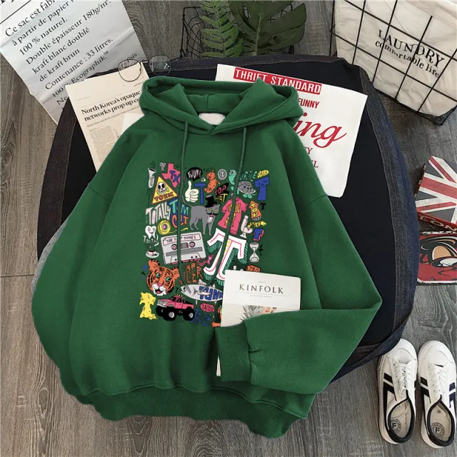 Women's Loose Cartoon Letter Hooded Plus Fleece Sweater Dark Green - Shop at LoveMi