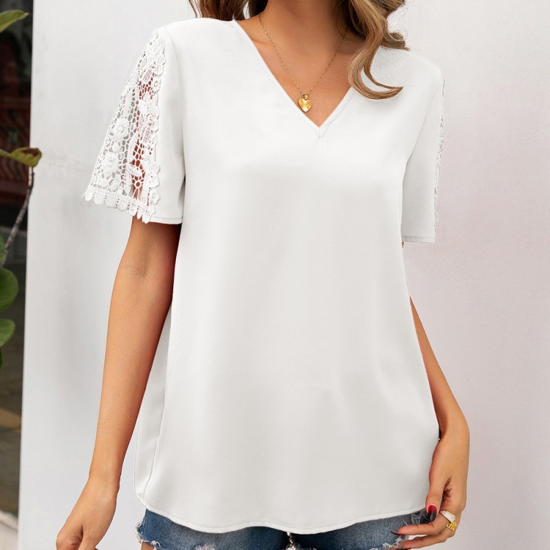 Lace Stitching Short-sleeved V-neck Shirt Casual