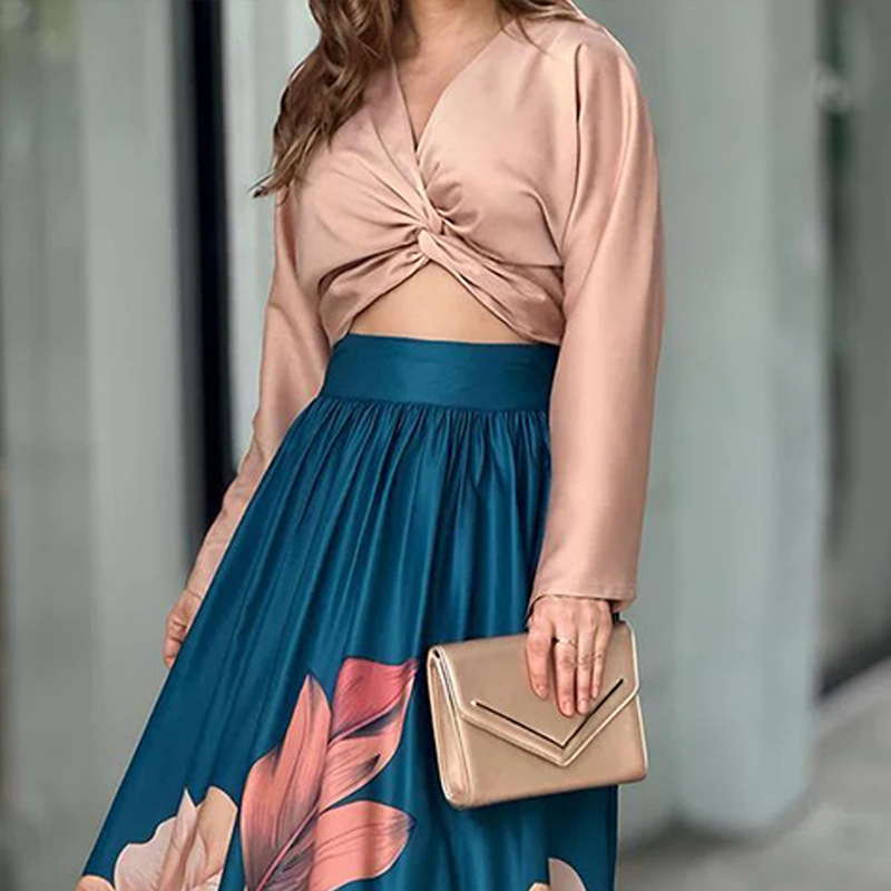 Women's Long Sleeve Printed Shirt Long Skirt Two-piece Set