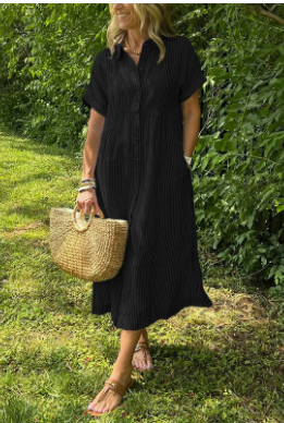 Striped Collared Short Sleeve Shirt Dress