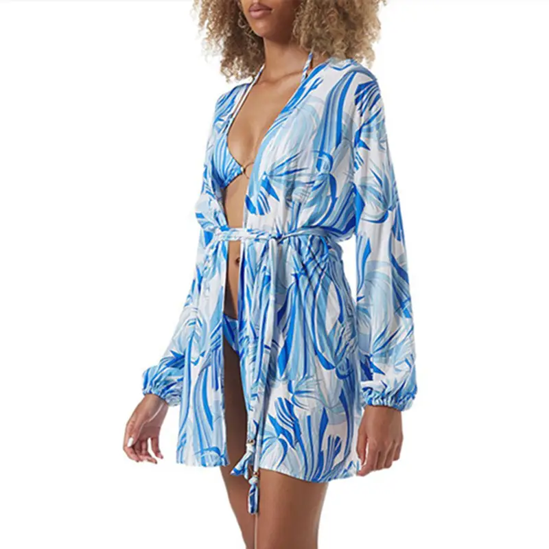 European And American Summer New Printed Sunscreen Shirt Blue Irregular