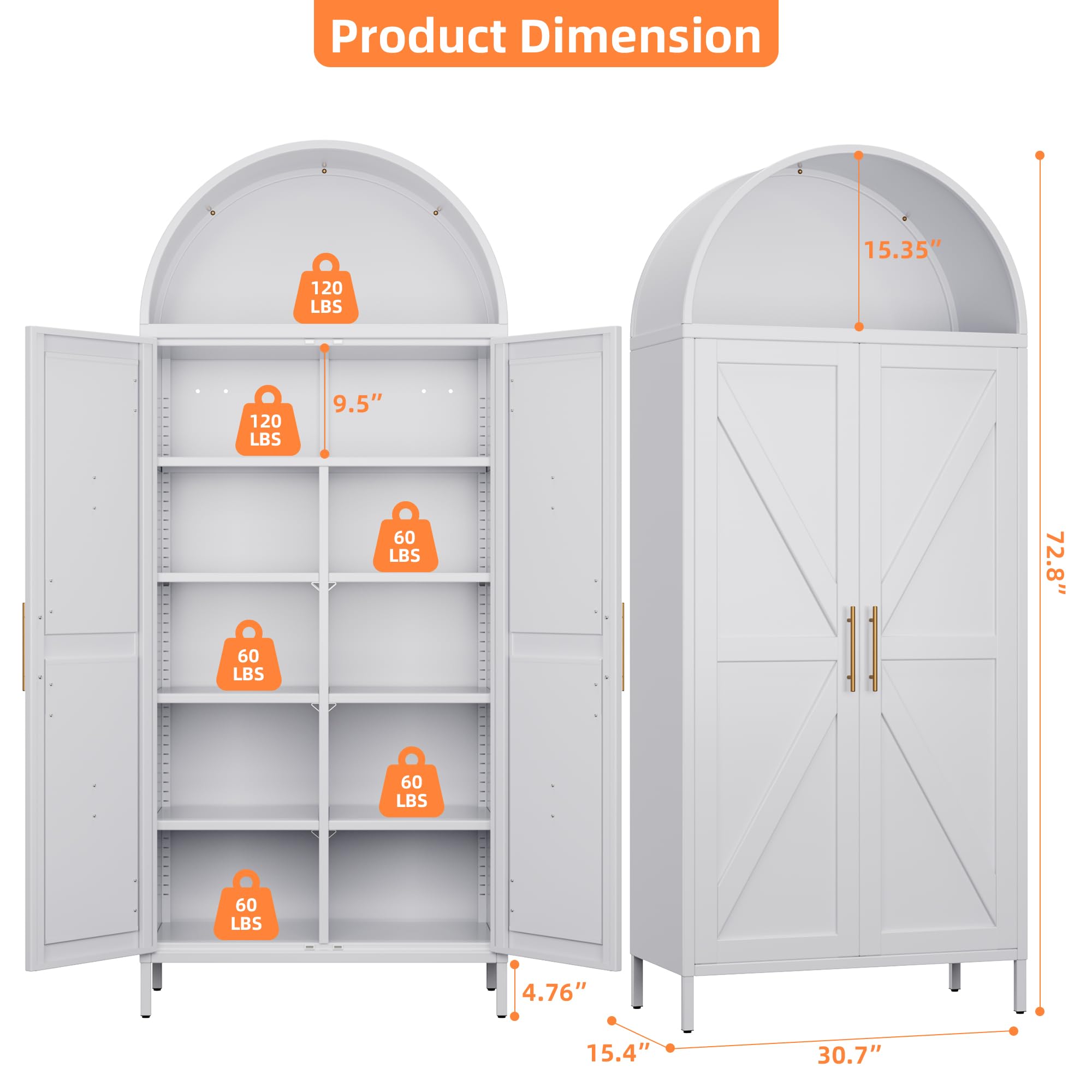 Metal Kitchen Pantry Storage Cabinet, Arched Bookcase With 6 Adjustable Shelves For Kitchen Living Room,White,Required Assembly