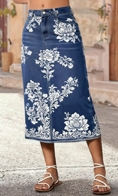 Vintage Printed Denim Midi Skirt, High-waisted Mid-length Multi-pattern Bodycon Skirt, Casual Denim Skirt For All Seasons