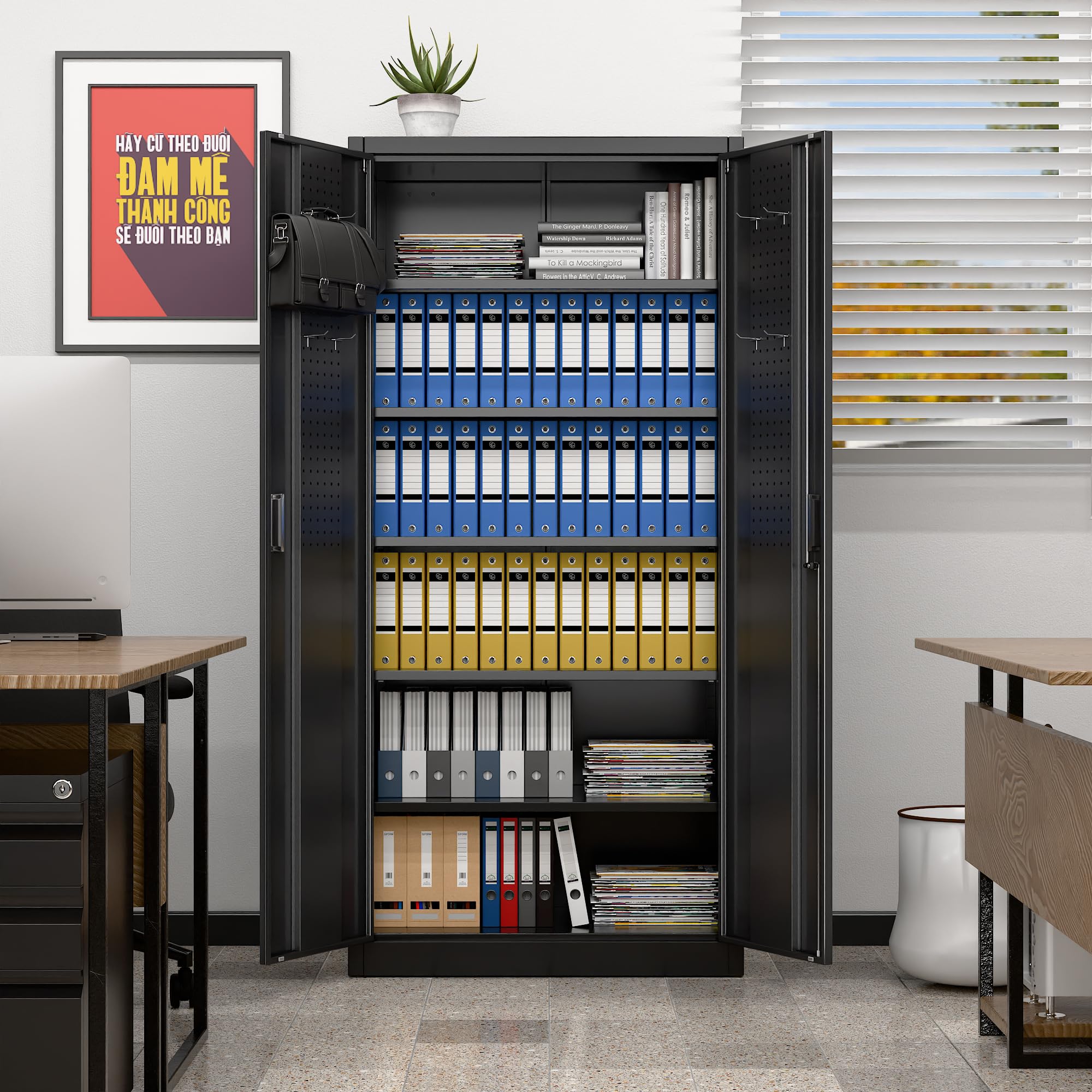 Garage Storage Cabinet With 5 Adjustable Shelves, Locking Metal Storage Cabinet With Pegboard Doors For Garage, Home, Black, Assembly Required — foto 4