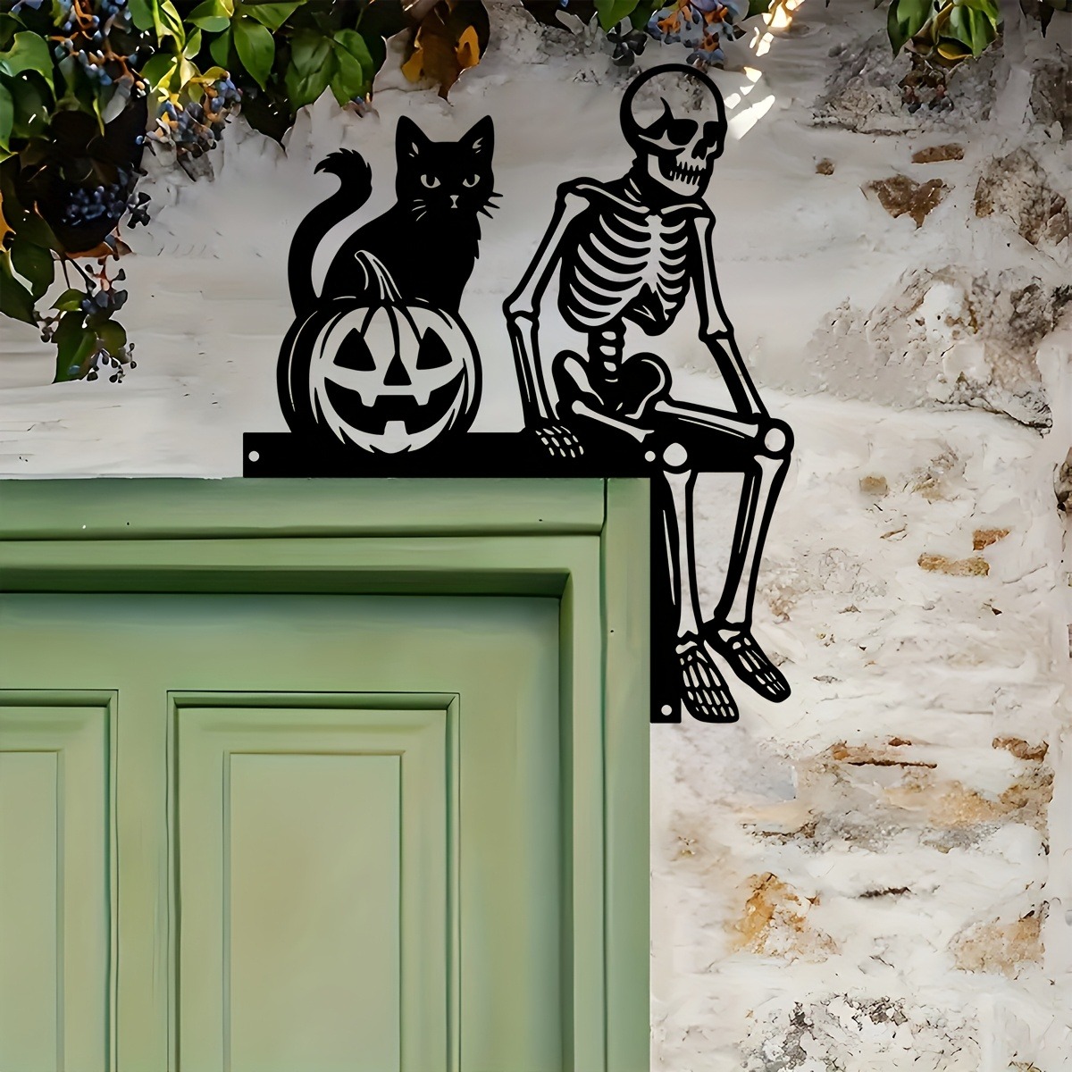 Décoration de Cadre de Porte d'Halloween - Squelette et Chat Gothique