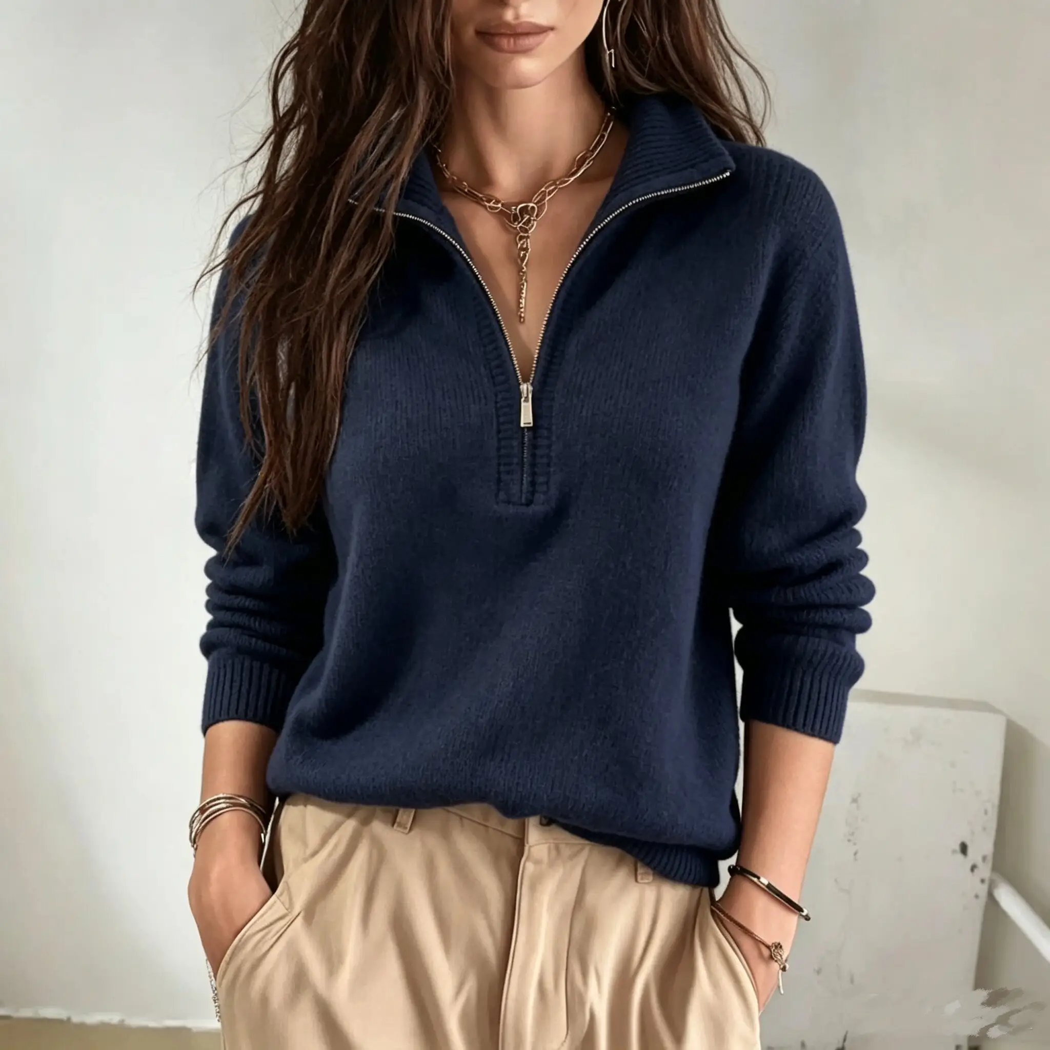 Casual Solid Color High Neck Half-zip Long