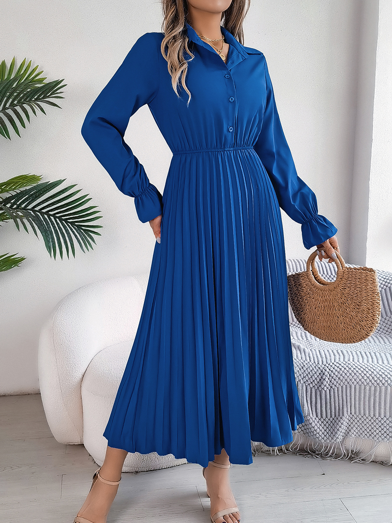 Women's Casual Lapel Button Long Sleeve Tie Waist Pleated Maxi Dress