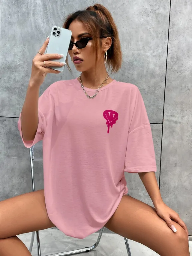 O Neck Short Sleeve Ladies Top Loose Print Pink - Shop at LoveMi