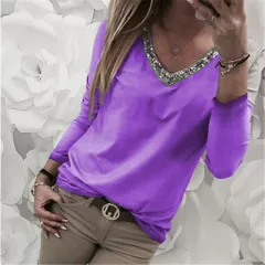Women's Stitching V Neck Sequin Long Sleeve T-shirt Plus Size Top - Purple - View 1