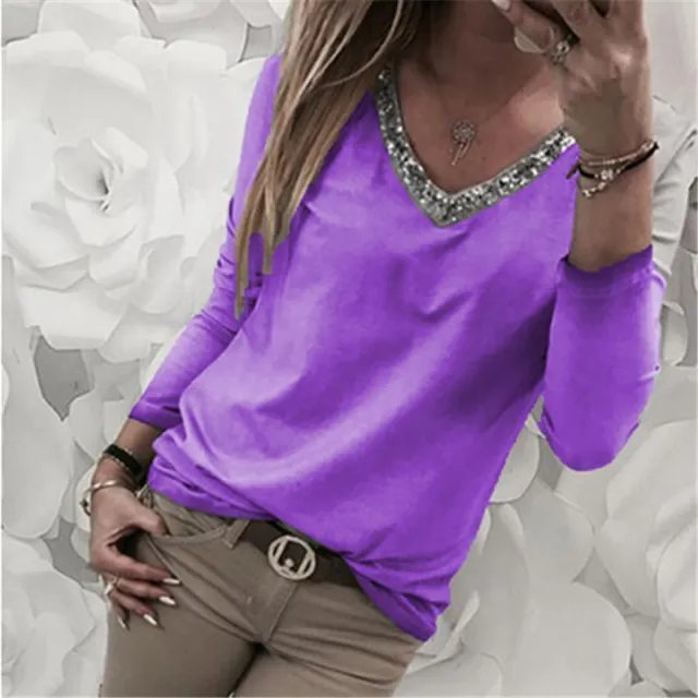 Women's Stitching V Neck Sequin Long Sleeve T shirt Plus Size Top Purple - Shop at LoveMi