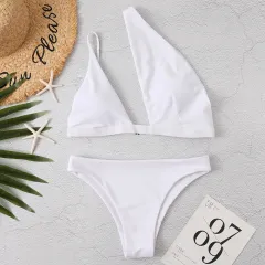 Solid Color One Shoulder Sexy Bikini - White - View 1