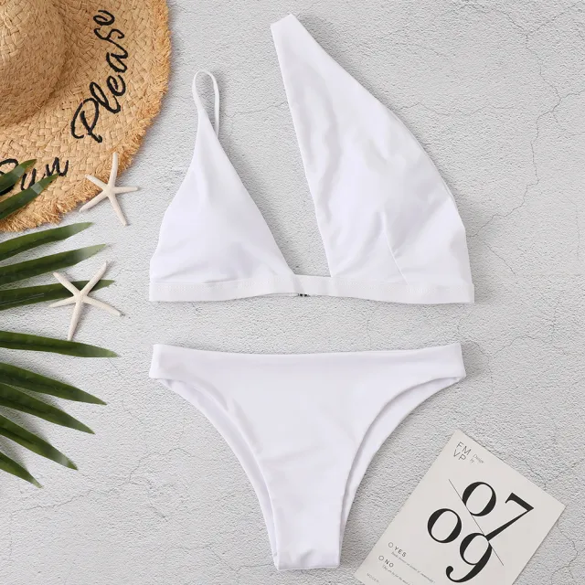 Solid Color One Shoulder Sexy Bikini White - Shop at LoveMi