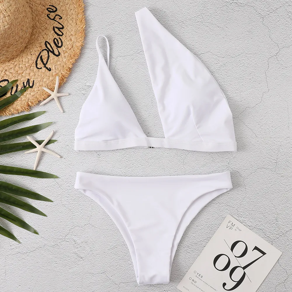 Solid Color One Shoulder Sexy Bikini - White