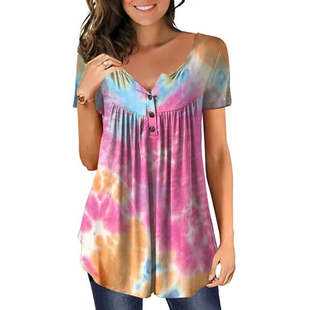 New Plus Size Printed Deep V Pullover Women's T Shirt Tiedye - Shop at LoveMi