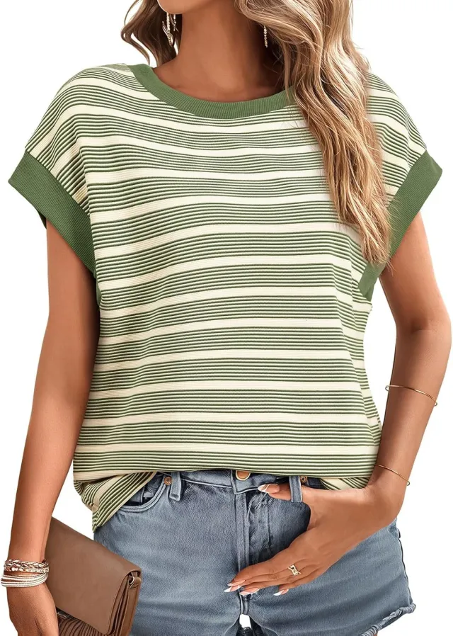 Women's Striped Short Sleeve T Shirts Casual Loose Fit Color Block Crew Neck Summer Tops Green - Shop at LoveMi