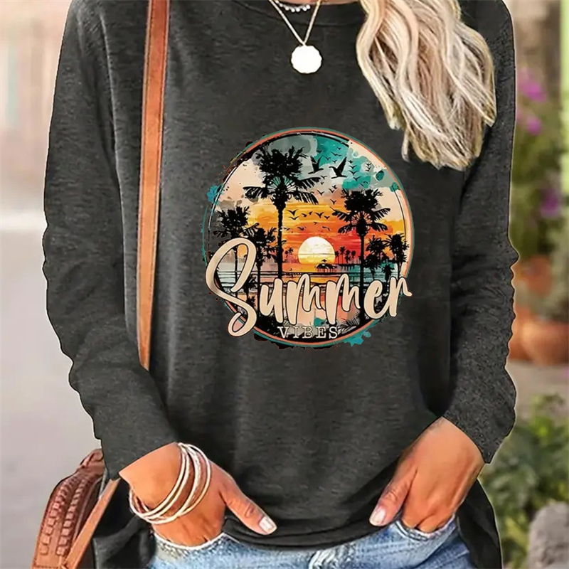 Spring And Autumn Women Casual Simple Pattern Printed Round Neck Long Sleeve T-shirt