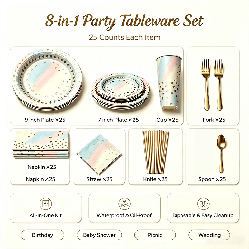 Disposable Gold Dot Party Tableware Set, Paper Plates Cups Napkins Straws Golden Cutlery Tablecloth, All In One Party Supplies For Birthday Baby Shower Wedding Picnic, 8 Colors Available - image 9