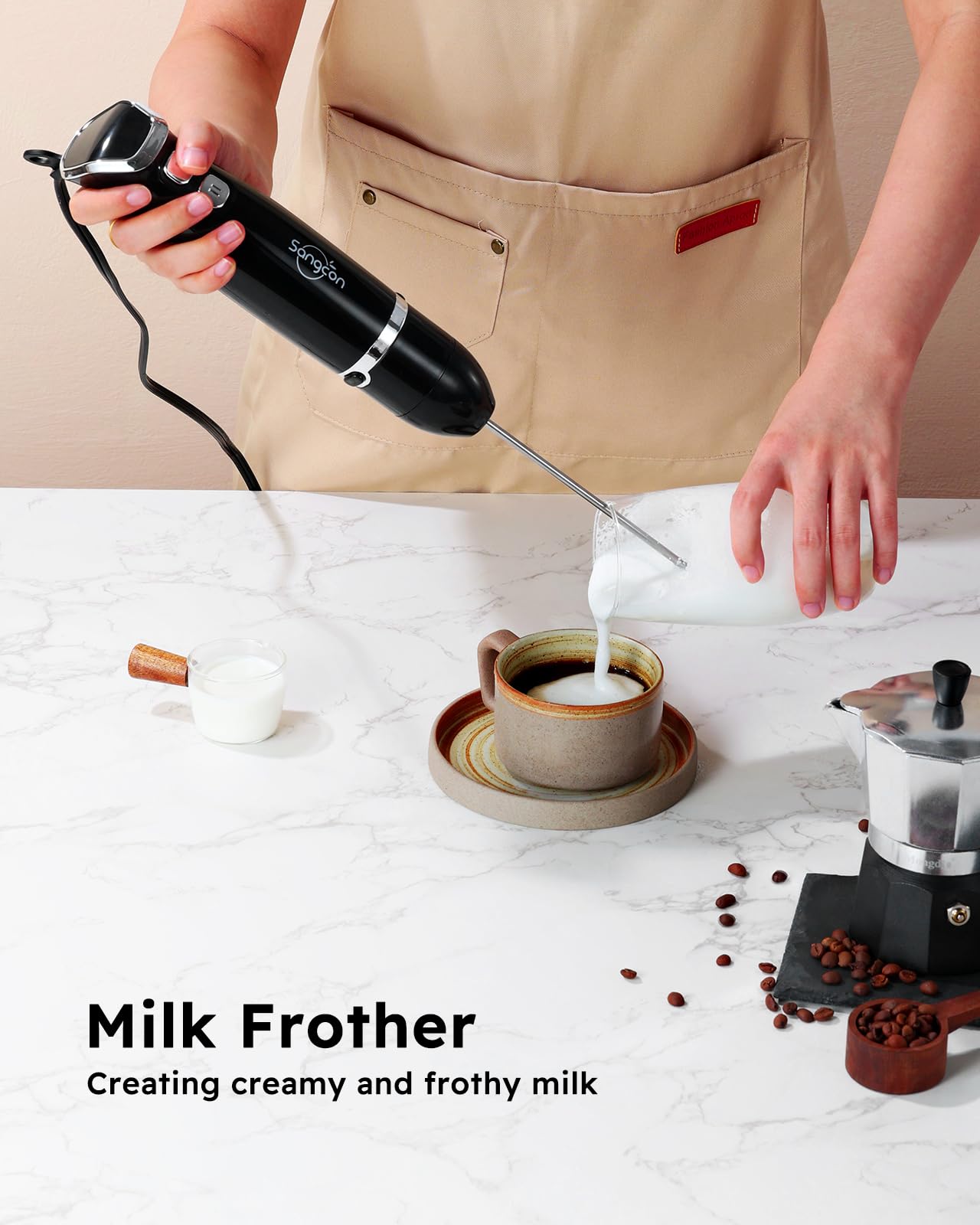 Immersion blender handheld with stainless steel blade, whisk, and milk frother attachments in black color