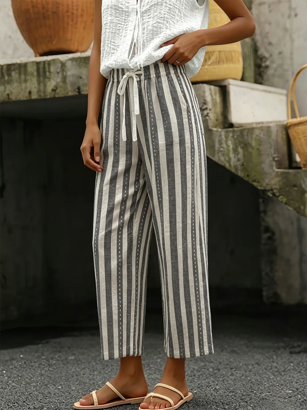 Women Woven Striped Cropped Pants Drawstring Waist Back Pocket