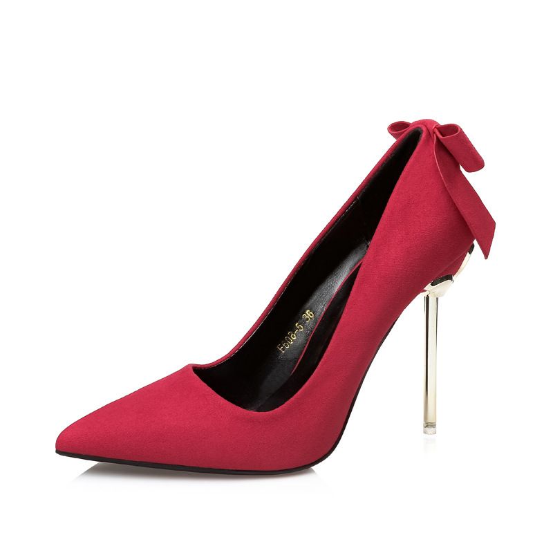 Korean Fashion Suede Pointed Bow Shallow Mouth Fine With Sexy High heeled Shoes Red - Shop at LoveMi