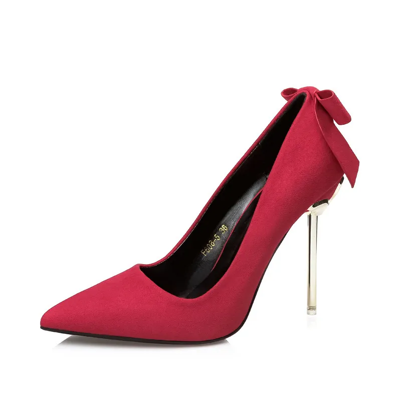 Korean Fashion Suede Pointed Bow Shallow Mouth Fine With Sexy High-heeled Shoes - Red