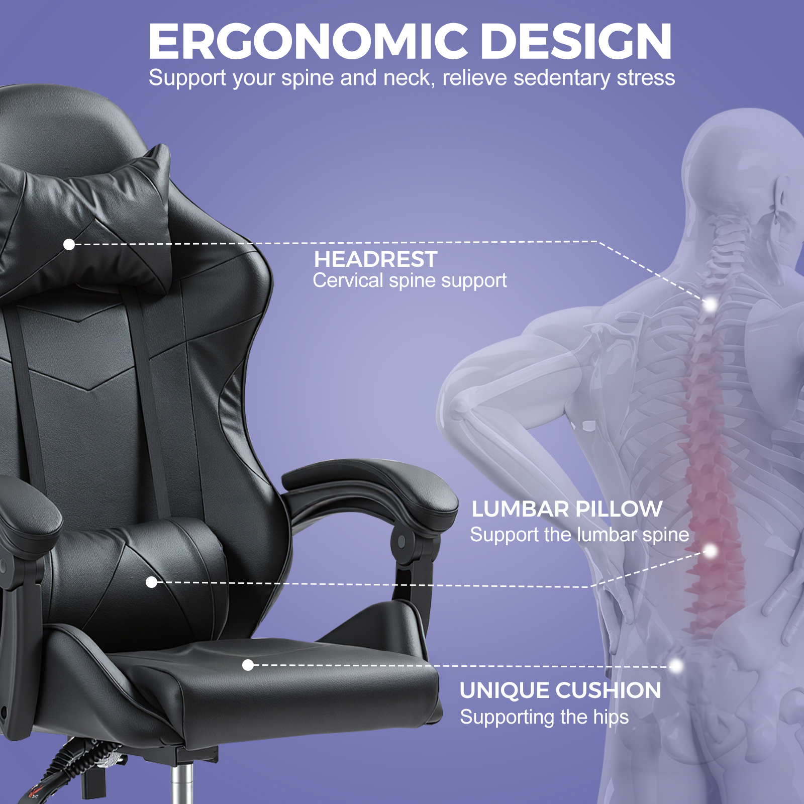 Gaming Reclining Swivel Chair For Adults,Ergonomic Racing PC With Lumbar Support — image 7