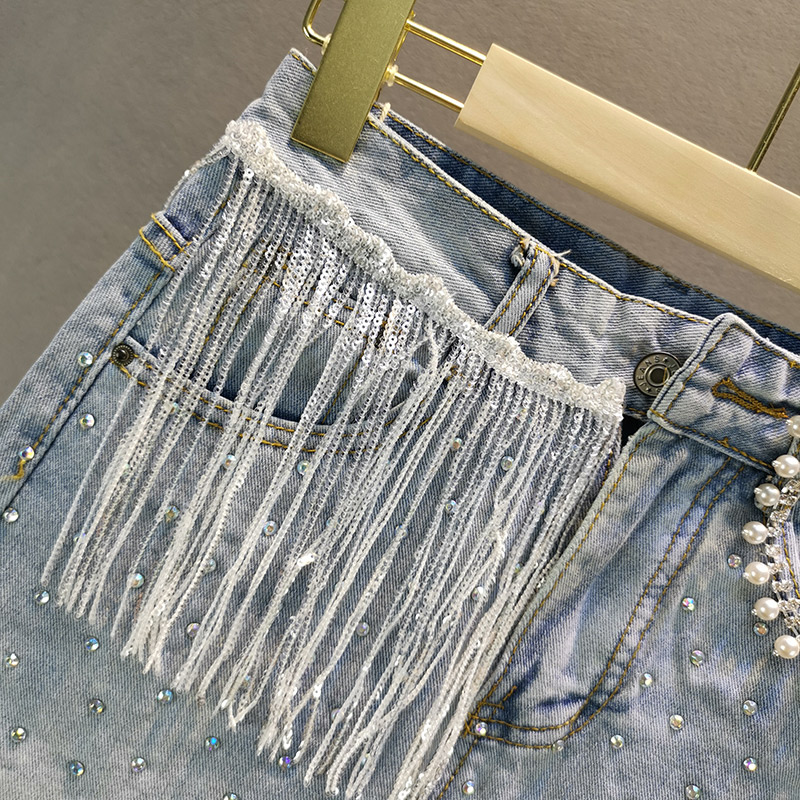 Title 4, Saia A-line de cintura alta jeans com strass, f...