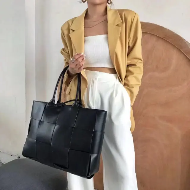 European And American Woven Leather Block Tote Bun Mother And Child Bag Female Bag Black - Shop at LoveMi
