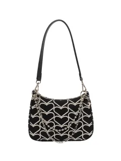 Heart-shaped Embroidery Y2k Sweet Cool Chain Bag - Black - View 1